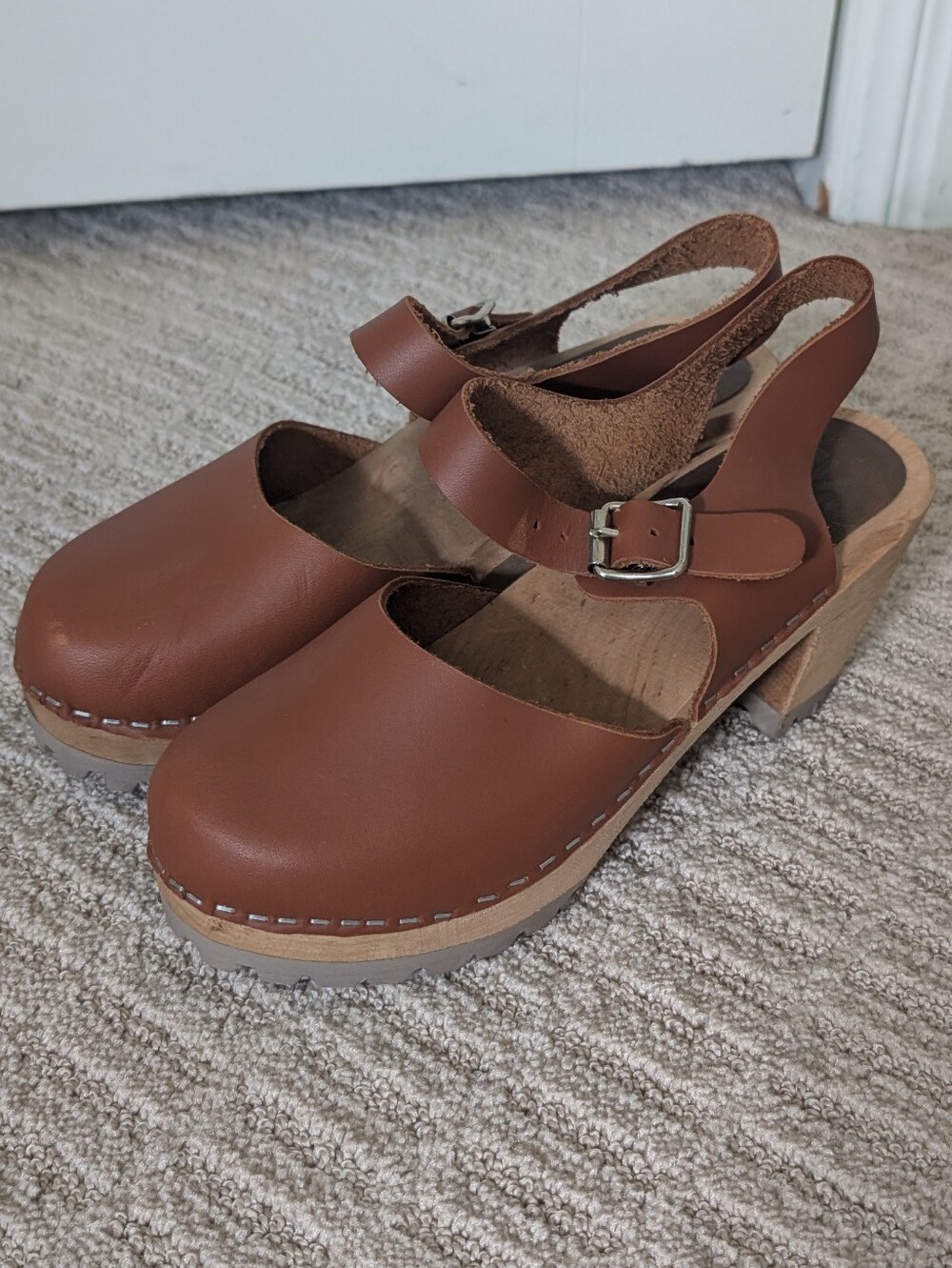 MIA Chestnut Brown Leather Clog Heels with Buckle - Picture 2 of 8